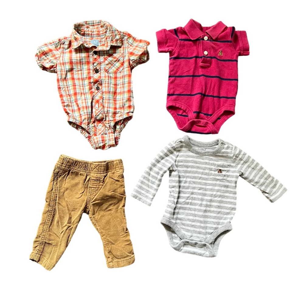 3 Gap Spring Boy Onesies / Bodysuits & 1 Carter's Tan Corduroy Pants, Size 6M